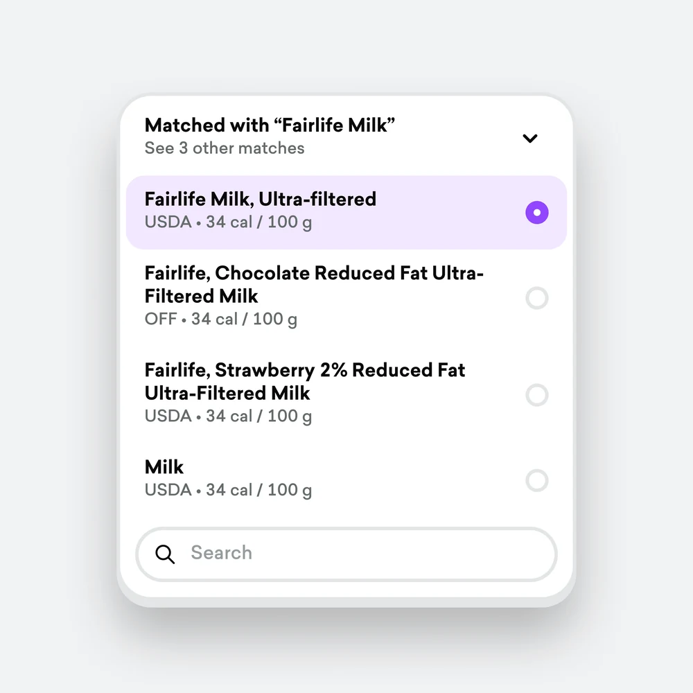 A matched food showing the source its numbers came from, with the other candidates you can switch to