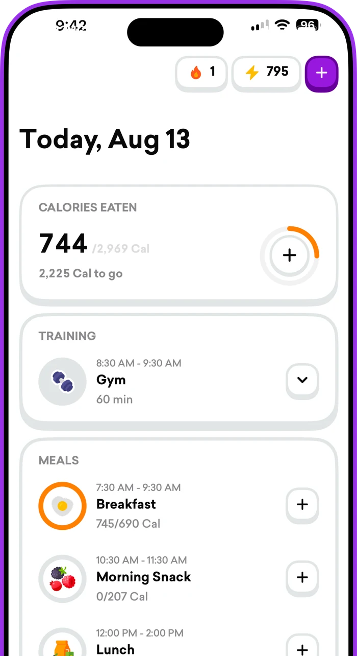 The day view, showing calories eaten, the day's training session, and each meal with its own time window