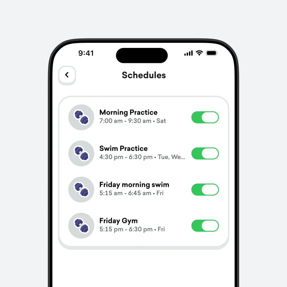 An athlete's training week: each practice with its days and times, and a switch to turn it on